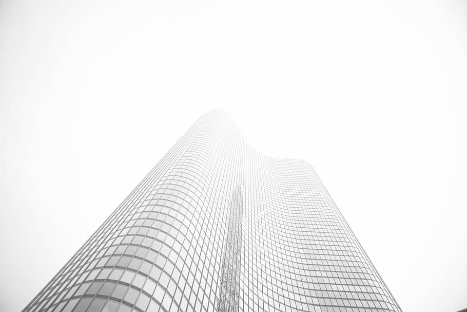 glass building under gray sky during daytime, low-angle photography of concrete glass building HD wallpaper