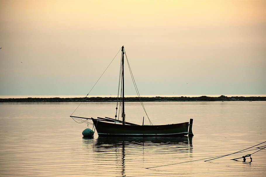sailboat, sunset, evening sun, setting sun, transportation HD wallpaper