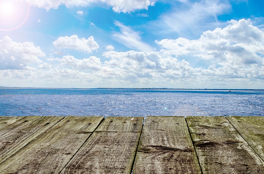 brown dock beside calm sea under white cloud blue skies, beach, HD wallpaper