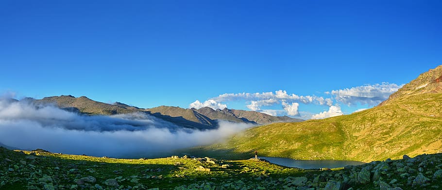 mountain range under clear blue sky, nature, area, chan, flower, HD wallpaper