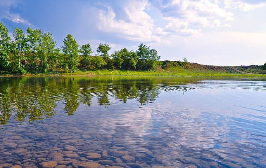 body of water near tress and green grass, sky, rocks, river HD wallpaper
