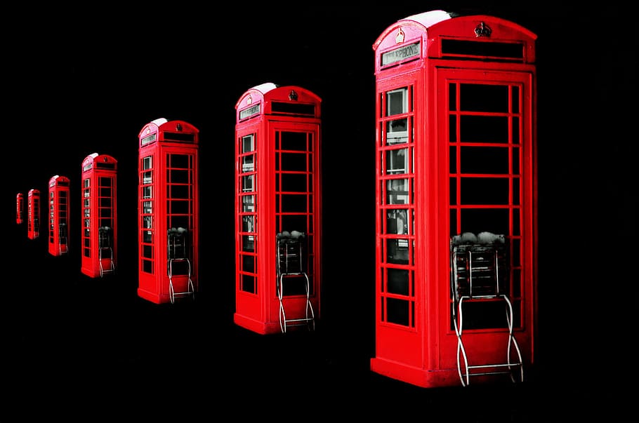 red telephone booth on black surface, box, britain, british, call, HD wallpaper