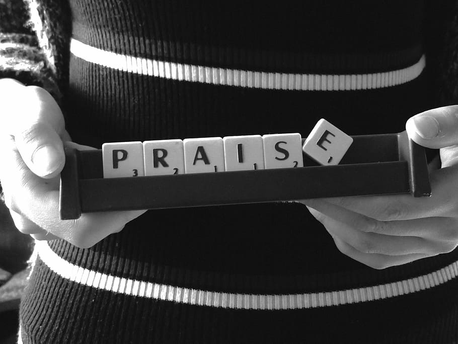 praise scrabble word, message, stick, black white, post, indoors