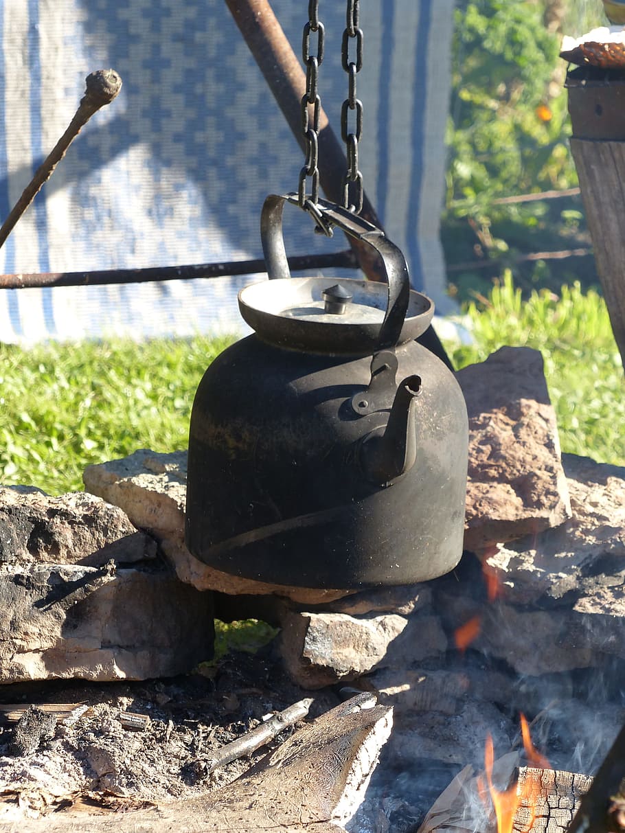 fire, cauldron, grass, garden, mat, wood, metal, day, nature HD wallpaper