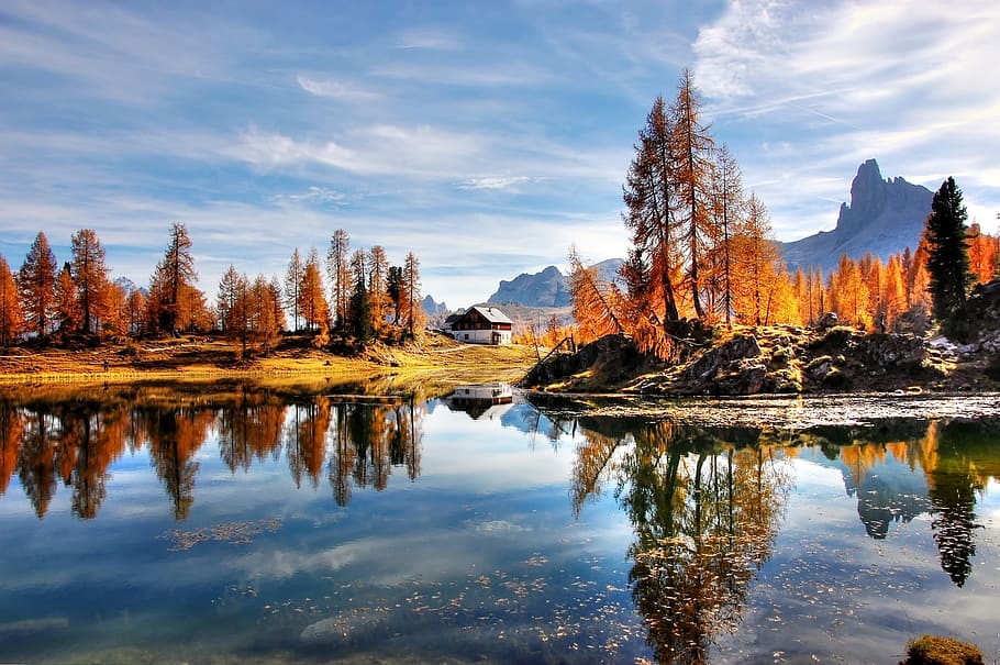 landscape photography of lake casting reflection of brown rocks, brown leaf trees, and white house, HD wallpaper
