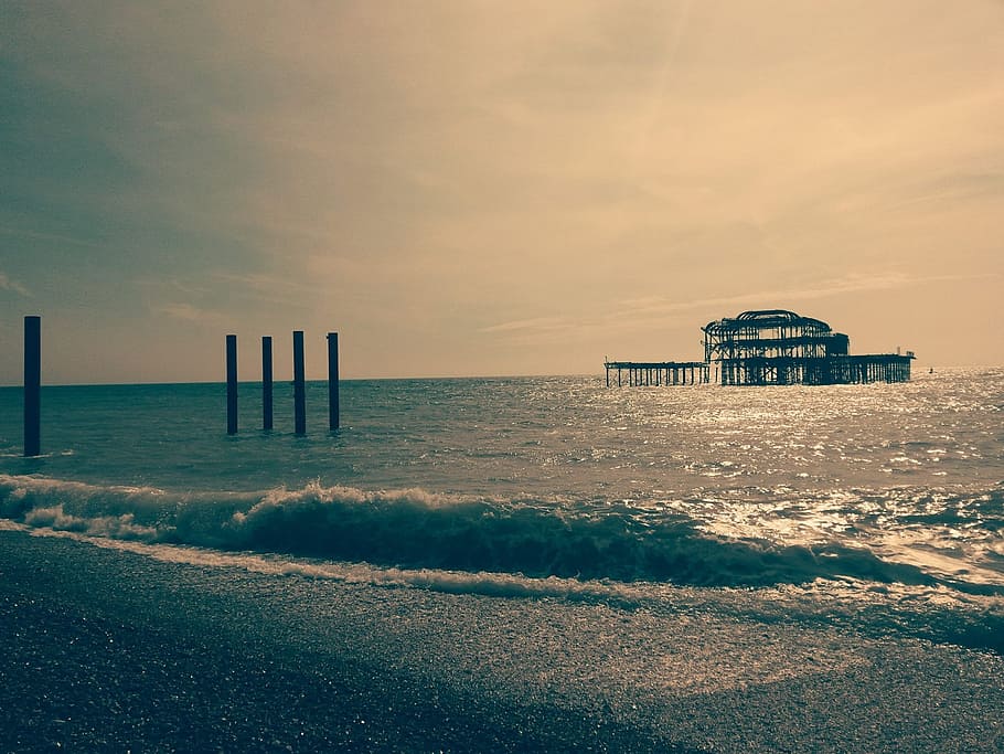 old, pier, brighton, uk, sea, water, sky, built structure, beach, HD wallpaper