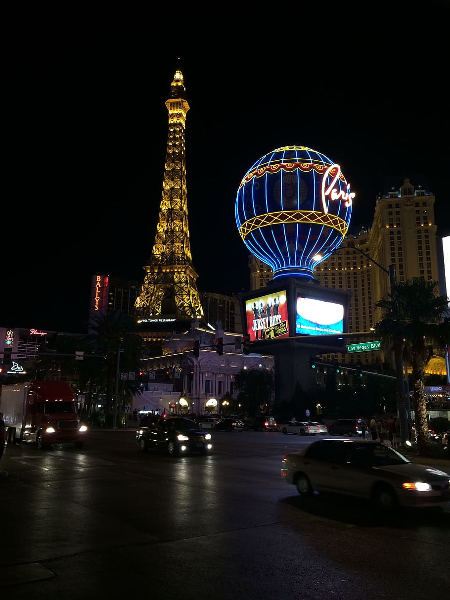 Las Vegas Strip, Night, Eiffel Tower, casino, gambling, neon
