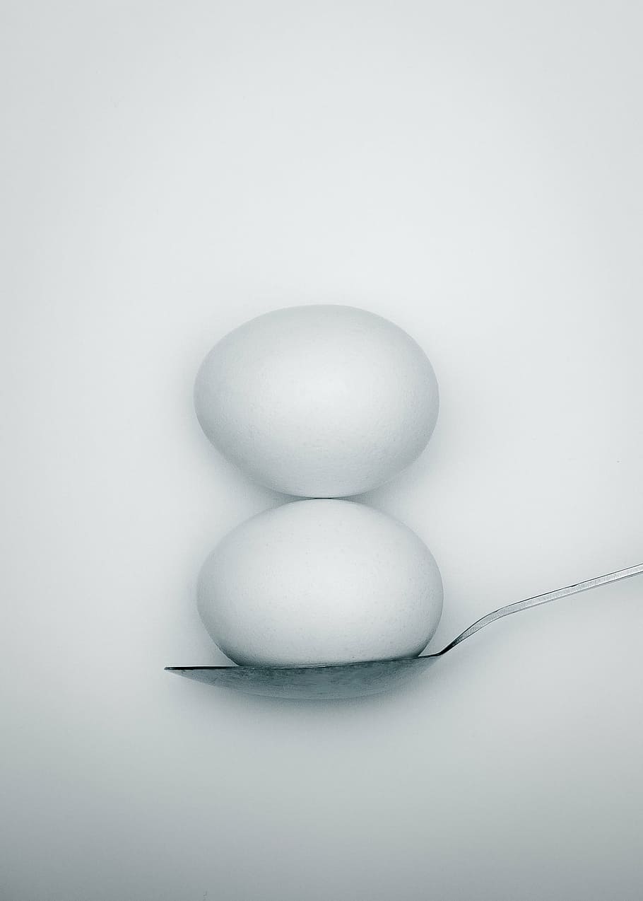 egg on silver spoon, balancing, two, white, eggs, boiled, breakfast HD wallpaper