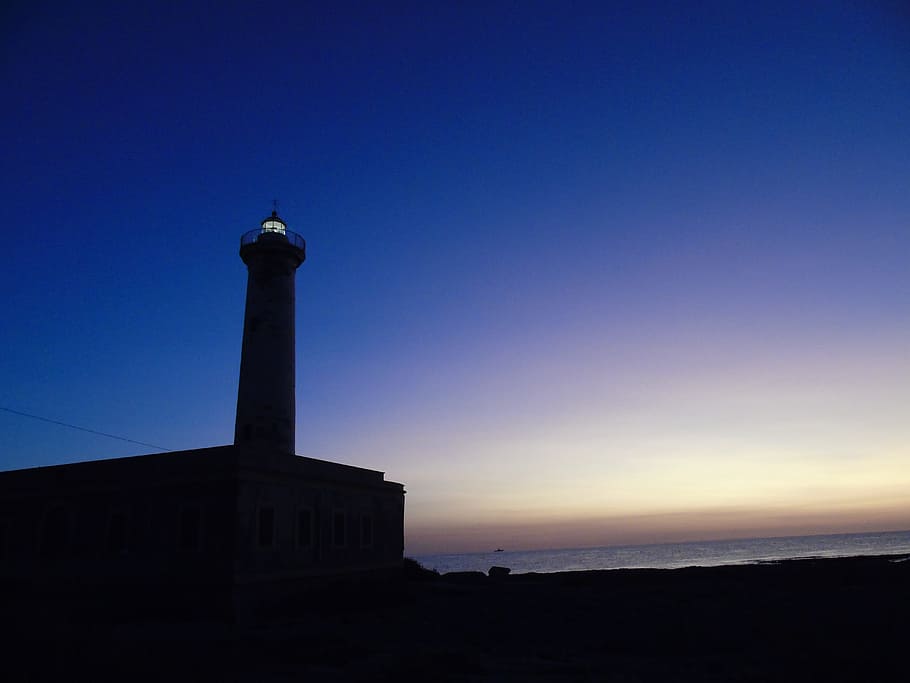 lighthouse, dawn, sun, sea, sky, landscape, horizon, water HD wallpaper