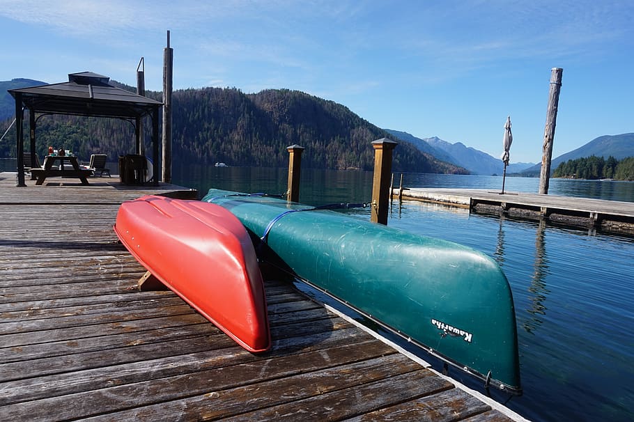canoe, summer, lake, water, day, mountain, nature, sky, blue HD wallpaper