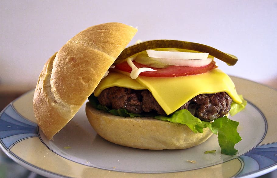 cheese burger on white ceramic plate, bun, kaiser, meat, hamburger