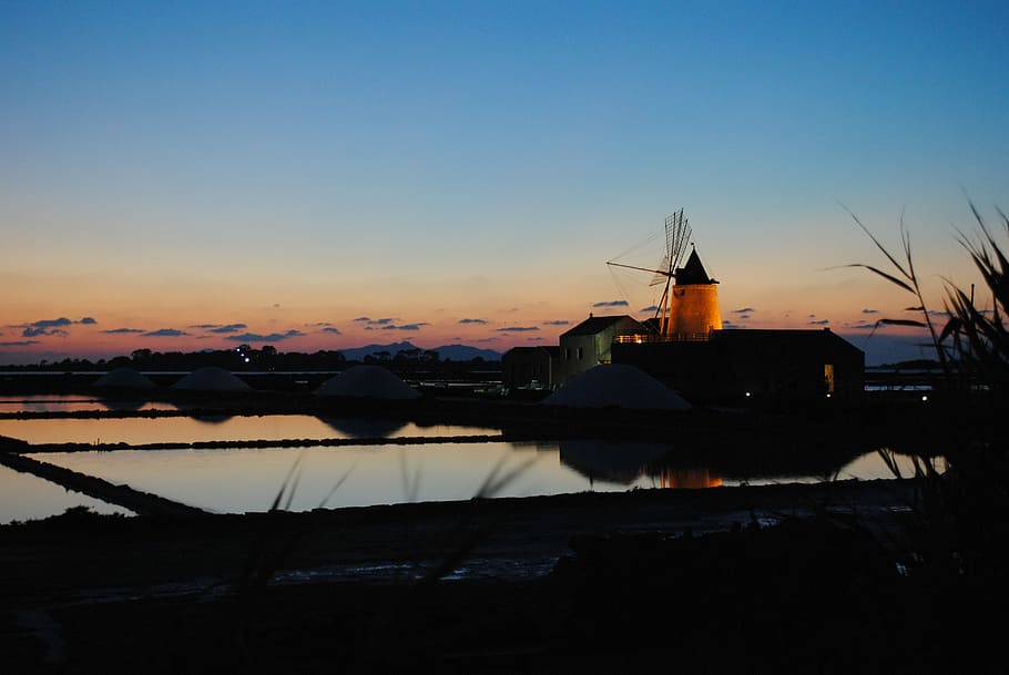 Sicily, Mill, Salt, Reflection, sunset, sky, building exterior HD wallpaper