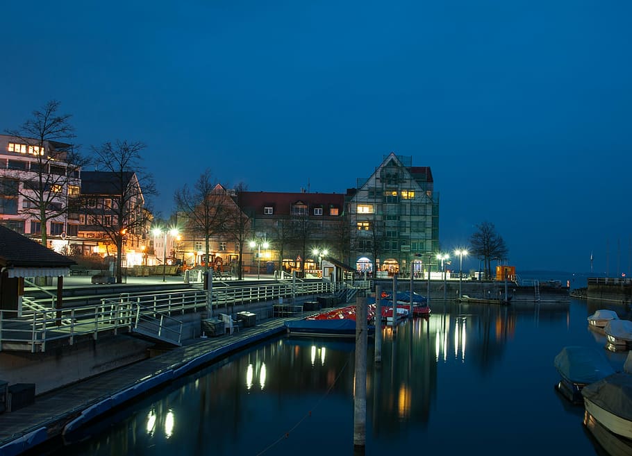 friedrichshafen, lake constance, blue hour, lights, mirroring