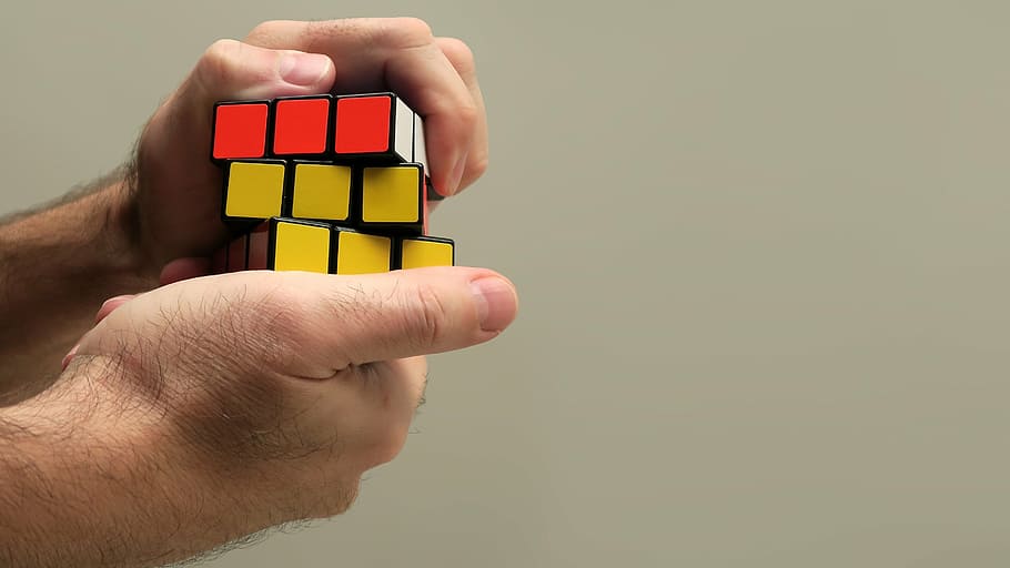 person playing 3 by 3 cube toy, hand, rubik, puzzle, game, rubik cube, HD wallpaper