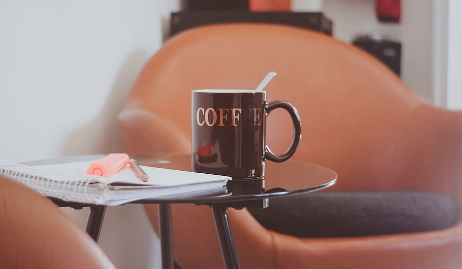 black mug on side table, coffee cup, glass table, chair, leather HD wallpaper