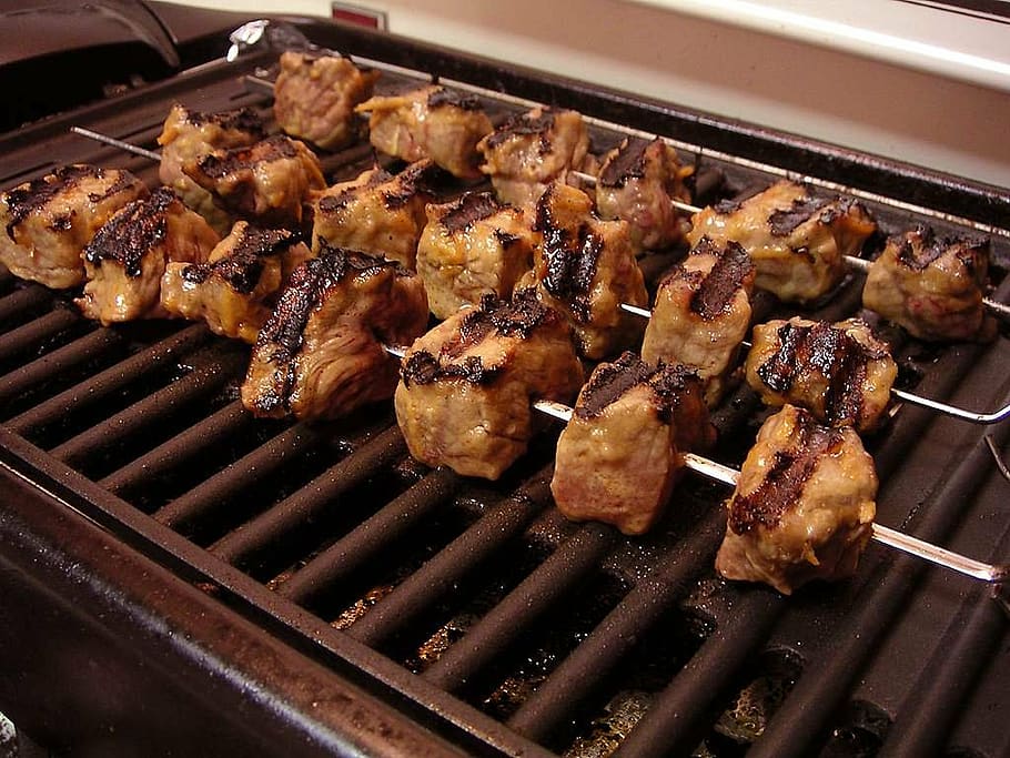 shish kebab, electric grill, shish kebab skewers, barbecue, HD wallpaper
