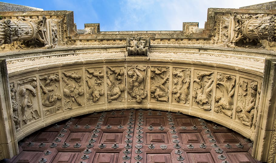 brown emboss building ceiling art, cathedral, arc, door, carved stone HD wallpaper