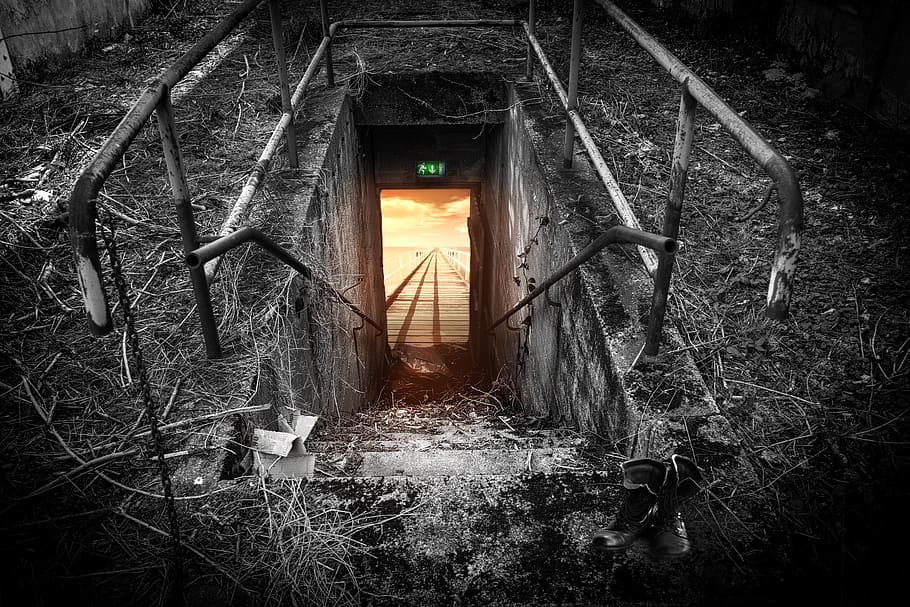 black steel railings, emergency exit, escape route, web, abandoned HD wallpaper