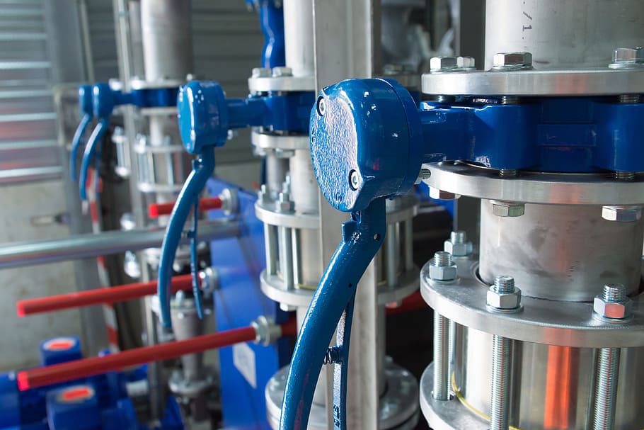 several blue metal pipe knobs, valves, pipes, industry, factory, HD wallpaper