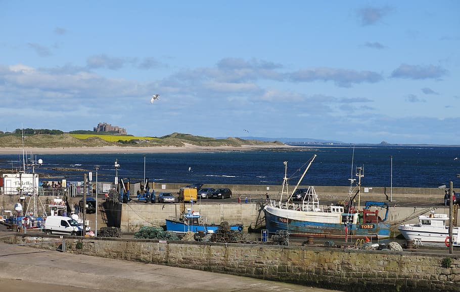 bamburgh, castle, seahouses, harbour, northumberland, england, HD wallpaper