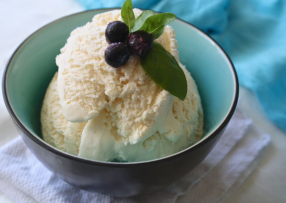 vanilla flavor ice cream with berry on top in black and teal ceramic bowl, HD wallpaper