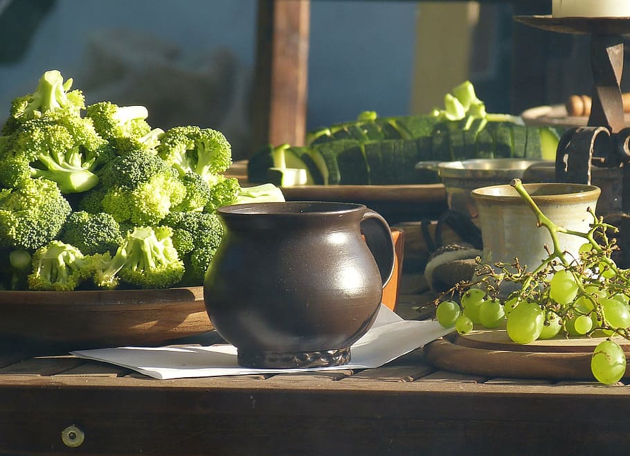 table, ceramic, food, krug, broccoli, vegetables, eat, court, HD wallpaper