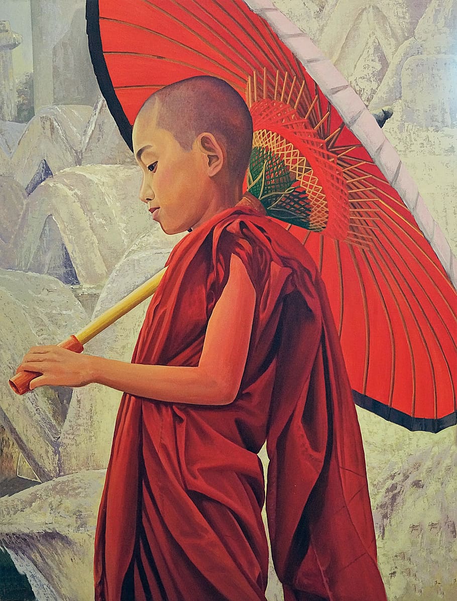 art, young, monk, buddhist, religion, buddhism, myanmar, umbrella, HD wallpaper