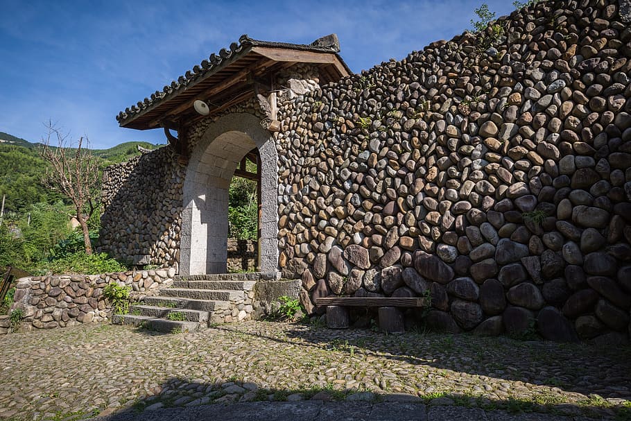 gate, walled door, stone wall, architecture, built structure HD wallpaper