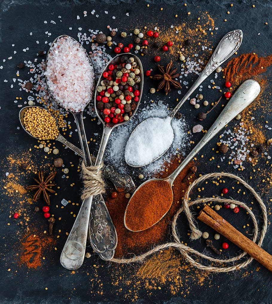 assorted-color powder lot, salt, pepper, spoons, food, spice HD wallpaper