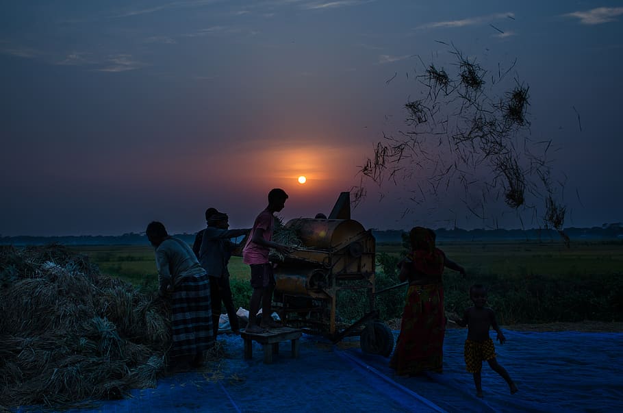 working peoples, sunset, machine, real people, group of people HD wallpaper