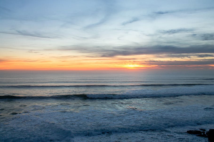 seashore, pacific ocean, sunset, landscape, water, travel, beach HD wallpaper