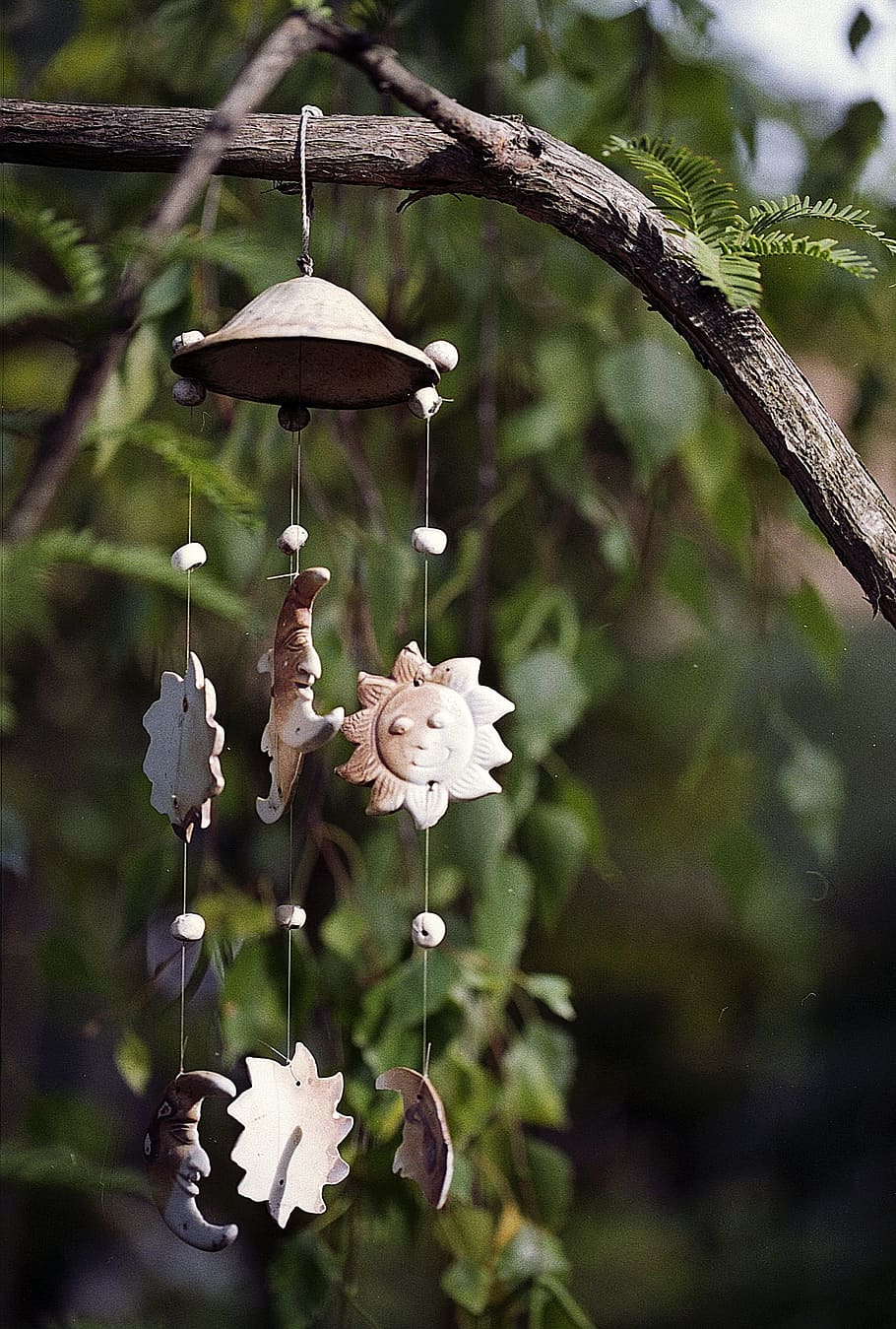 wind chime, tree, sun, moon, clay, nature, sound, music, leaf