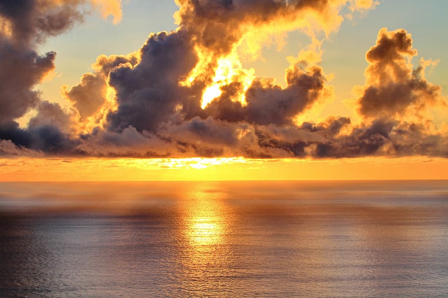 calm body of water during golden hour, clouds, sunset, sea HD wallpaper