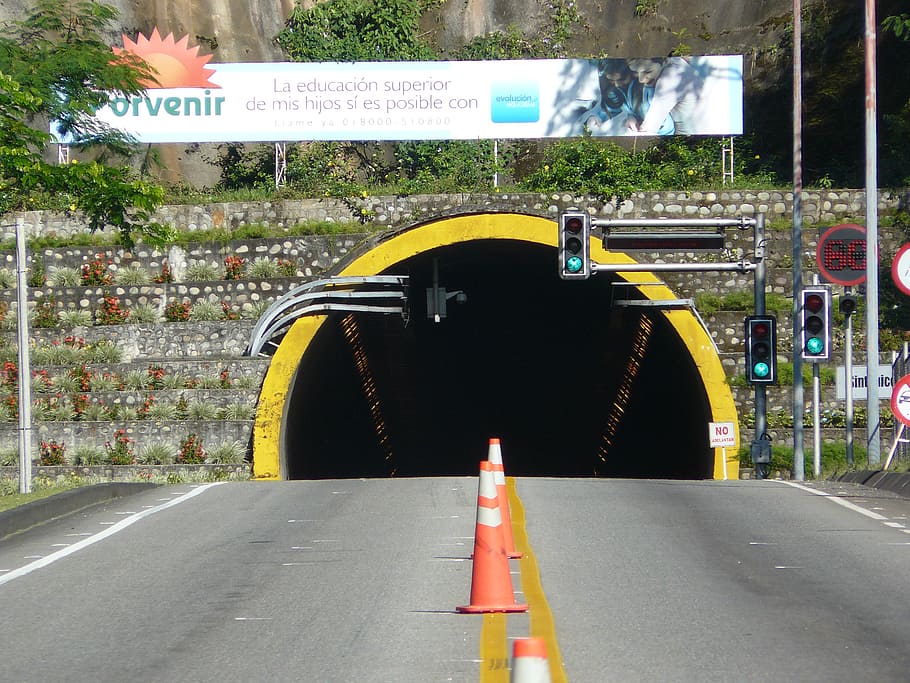 tunnel, cave, road, transportation, sign, city, mode of transportation HD wallpaper