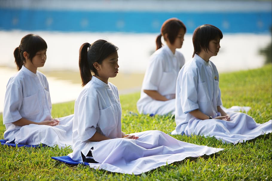 woman wearing white dress, children, girls, school, buddhists, HD wallpaper