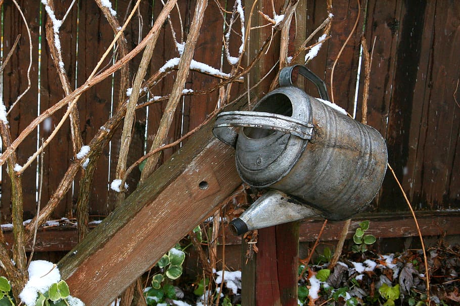 winter, water, can, watering can, fence, brown, old, metal, HD wallpaper