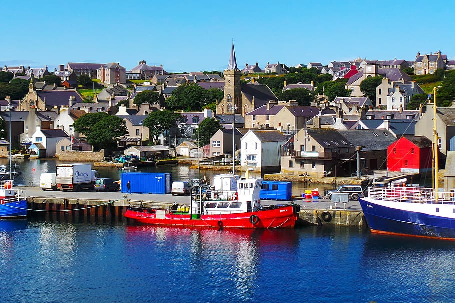 orkney, scrabster, pier, blue, harbor, harbour, scotland, scottish, HD wallpaper
