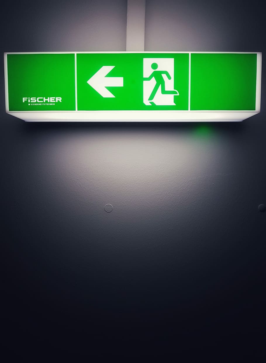 green road signage on wall, green Fischer fire exit signage, arror HD wallpaper