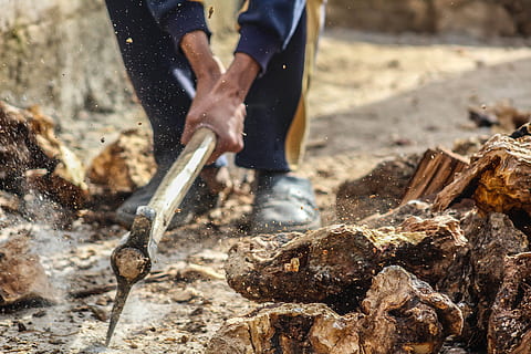 Person Smashing Pick Axe On Ground, action, bark, chopped, chopped wood HD wallpaper
