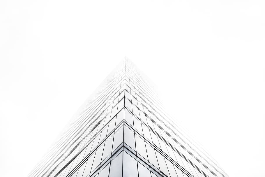 bottom view of glass building, low angle photography of skyscraper under cloudy sky during daytime, HD wallpaper