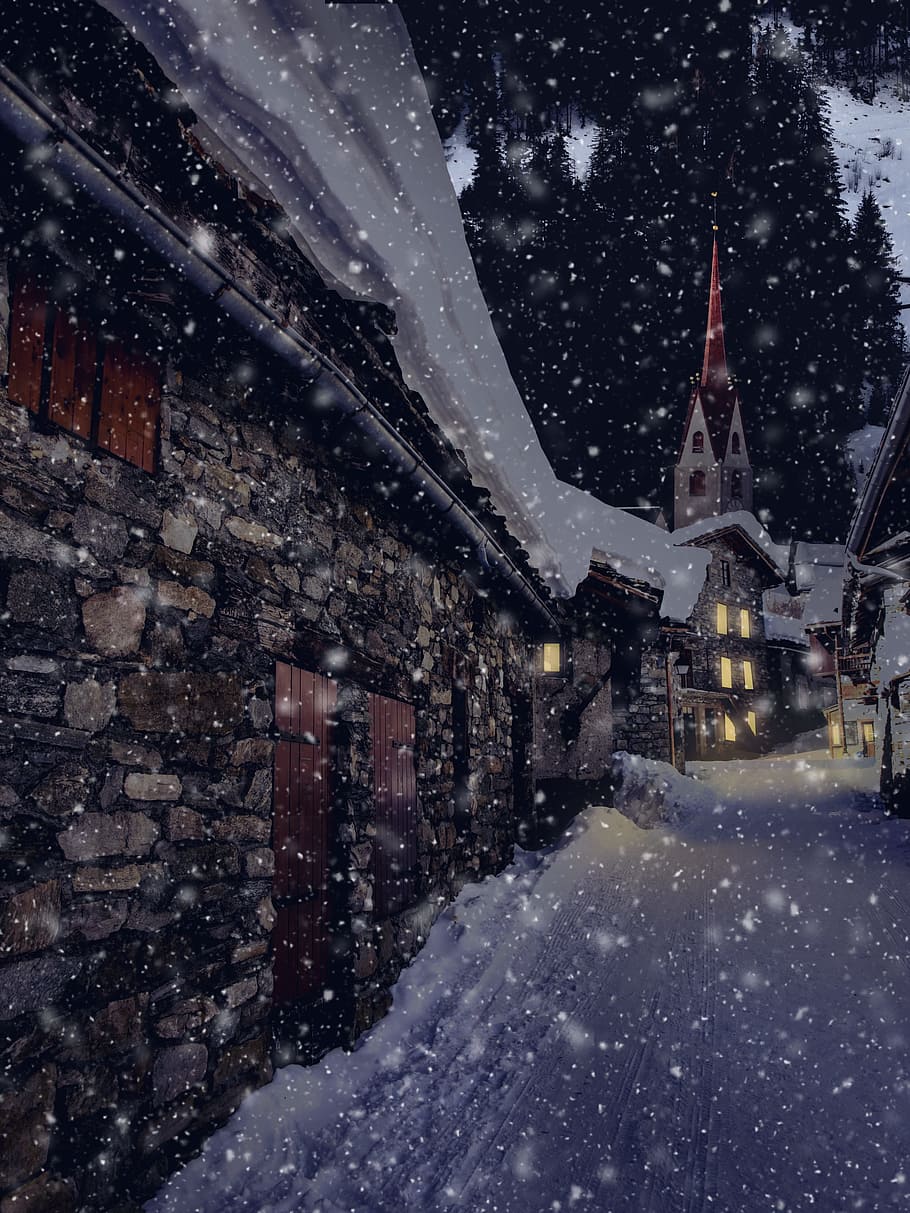village surrounded by snow, winter village, evening, night, twilight, HD wallpaper