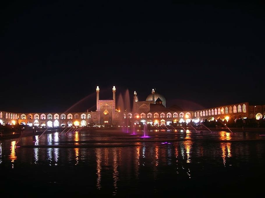 turned-on fountain near building with lights, iran, mosque HD wallpaper