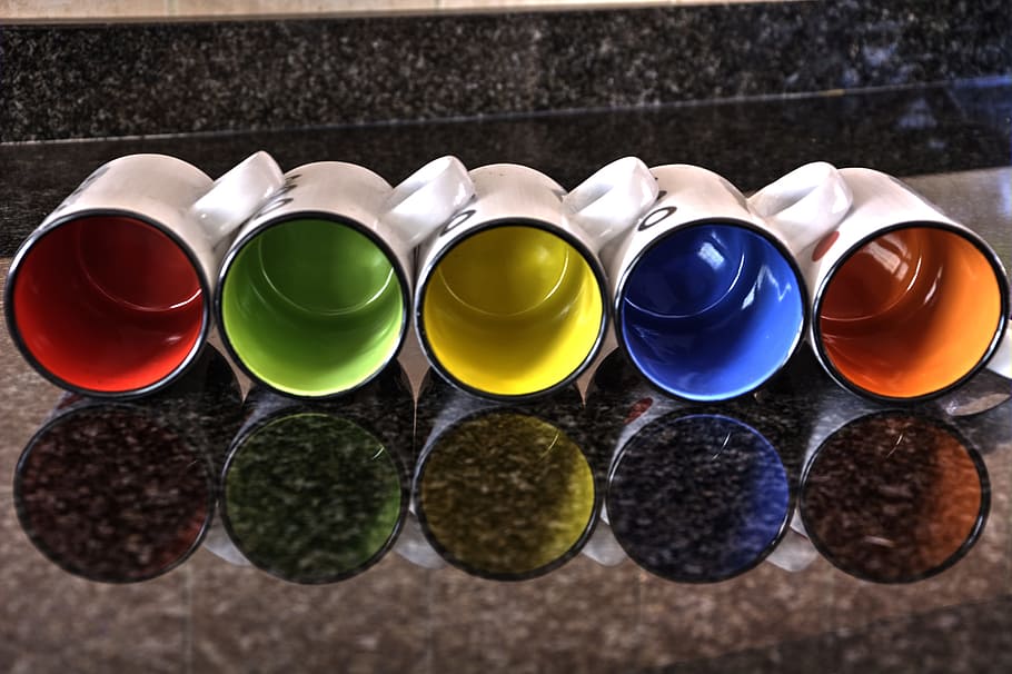 Mugs, Containers, Colourful, Pottery, in a row, variation, multi colored HD wallpaper