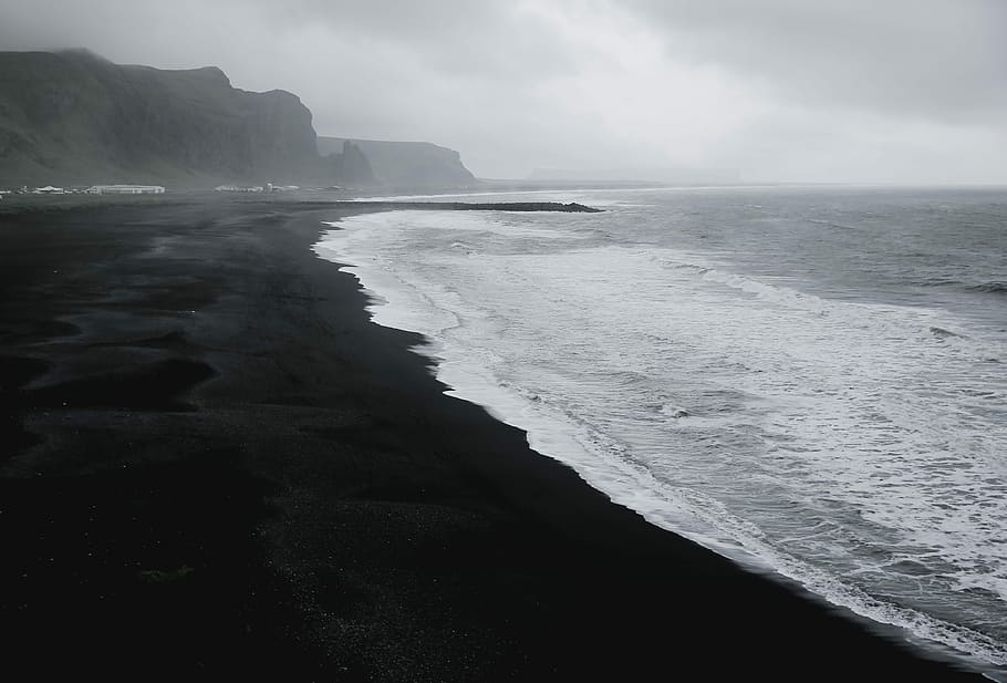 seashore in grayscale photo, sea wave near mountain, beach, ocean HD wallpaper