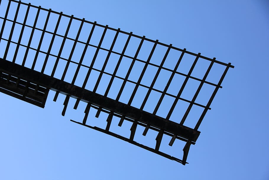 windmill, wing, sky, low angle view, clear sky, blue, nature HD wallpaper