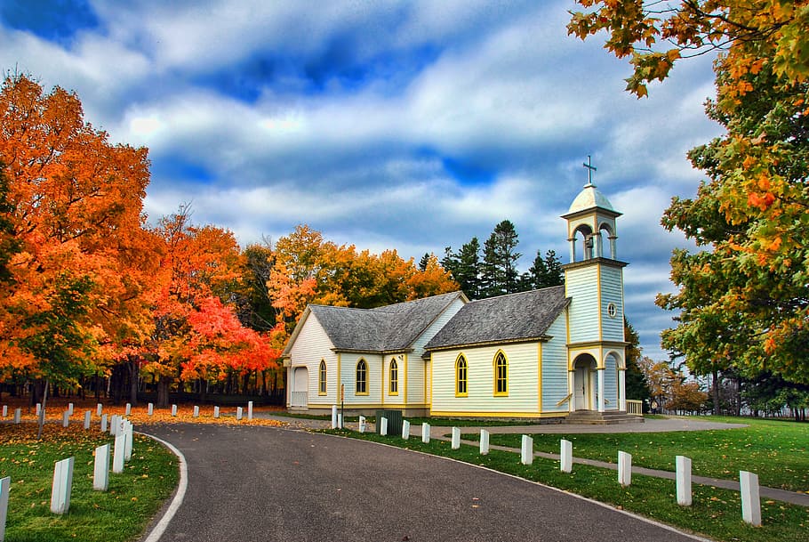 tree, fall, outdoors, architecture, autumn, church, sky, canada HD wallpaper