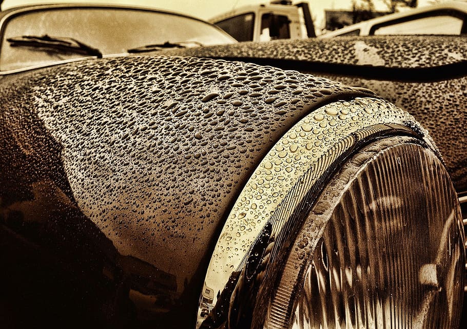 car, karmann, ghia, chrome, retro, rain, close-up, textured HD wallpaper