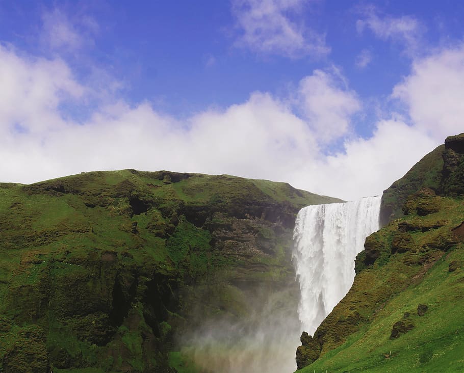 Skogafoss iceland, waterfall, stream, river, cliff, landscape HD wallpaper