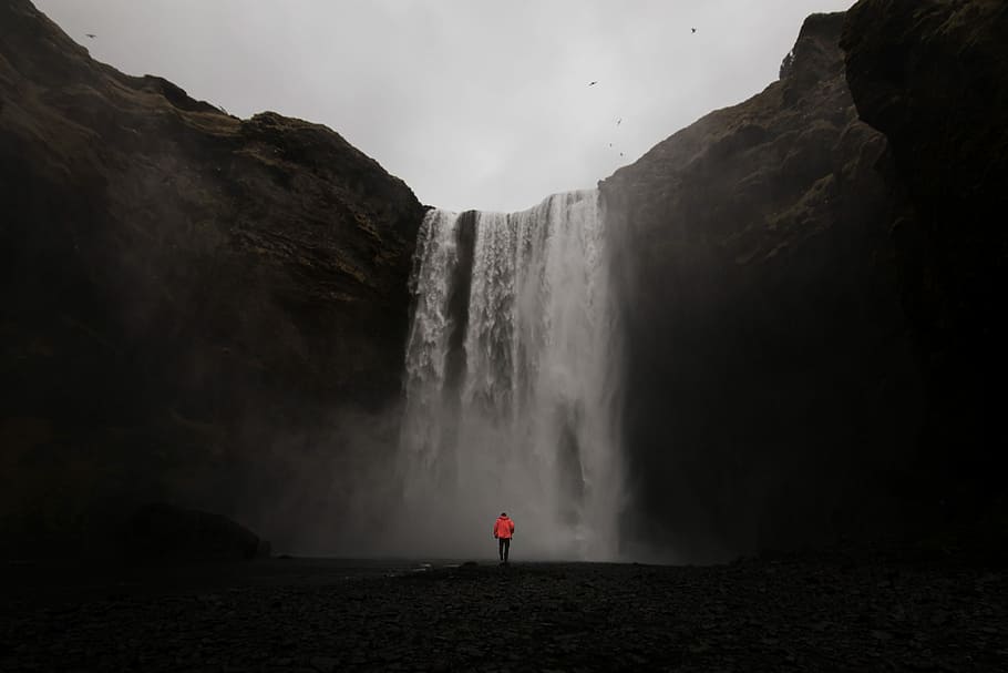 A Rare Moment Alone at Skógafoss, person near water fals, waterfall, HD wallpaper