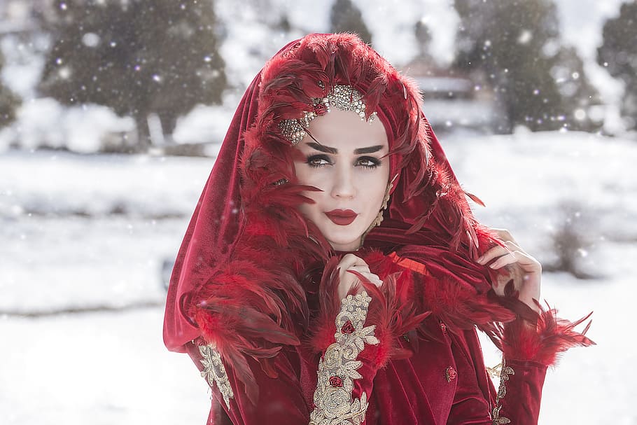 woman wearing red feather dress, winter, snow, cold, portrait HD wallpaper